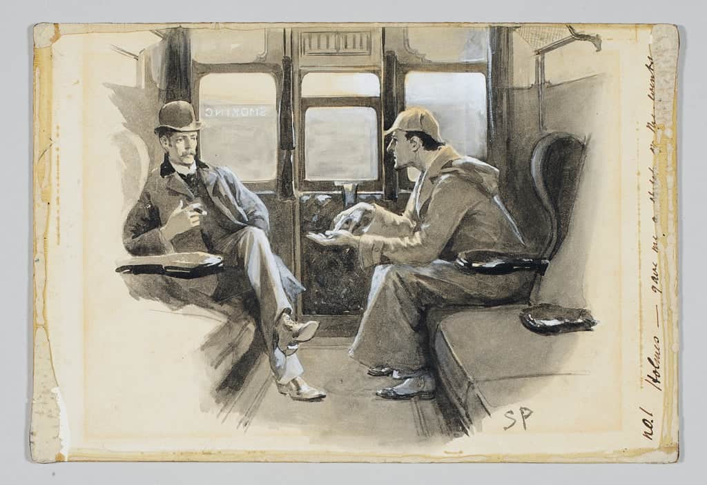 Illustrasjon for Arthur ConanDoyles' Sherlock Holmes-historie The Adventure of Silver Blaze fra 1892 - to menn på toget