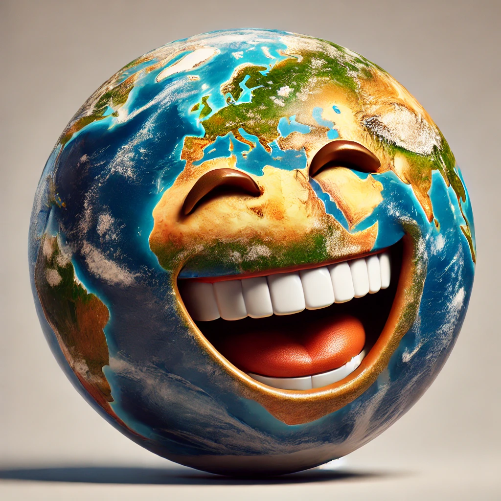 Laughing globe DALL·E 2024-07-28 19.26.30 - A realistic image of an Earth globe with a moderately laughing face