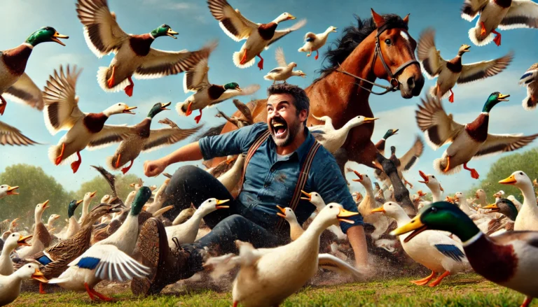 Mann slåss med 100 ender og en hest - A realistic but funny scene depicting a man wrestling and fighting with 100 ducks and a horse. The man has an ironic smile on his face - DALL·E 2024-07-28 18.35.36