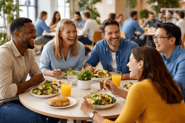 Kolleger hygger seg i lunsjen