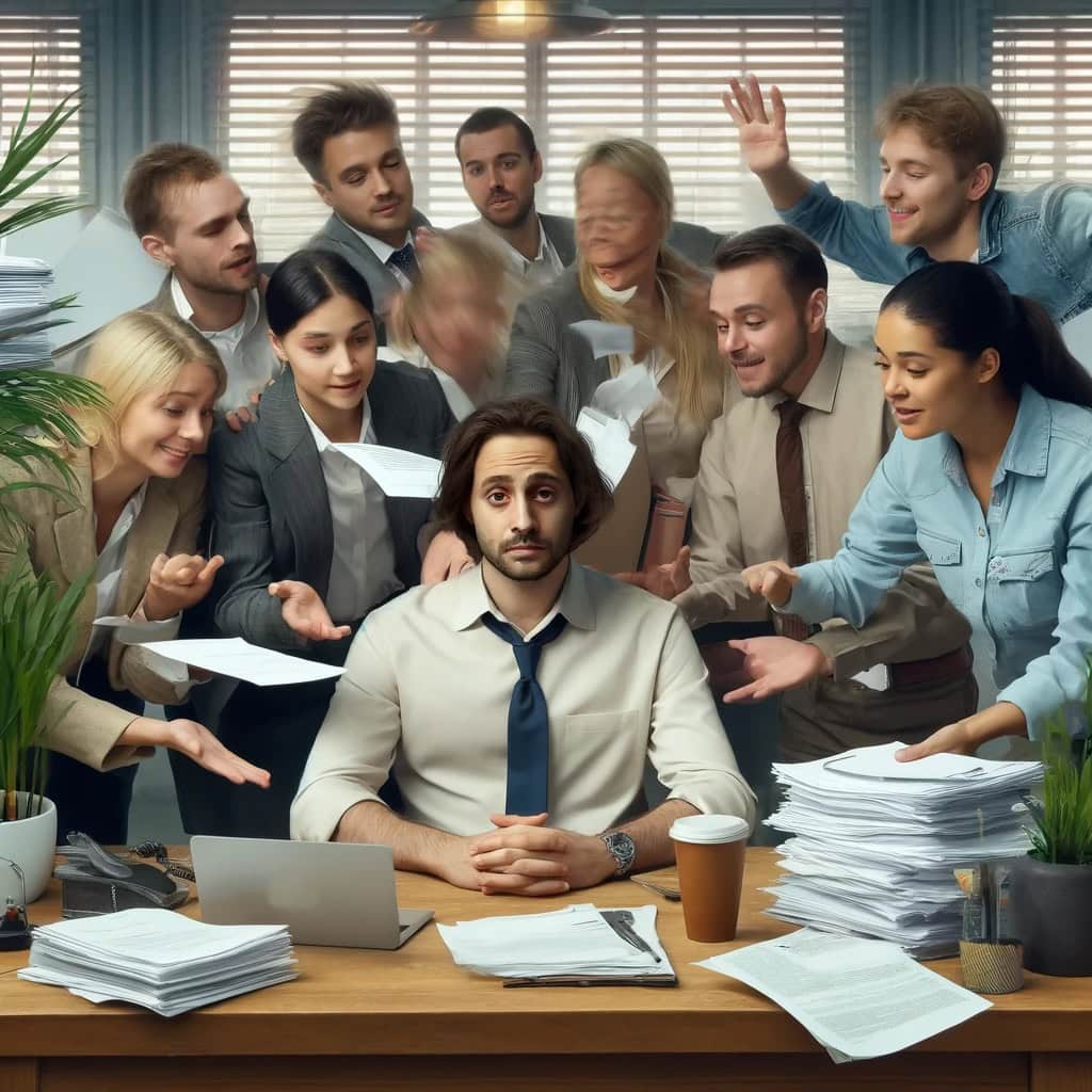 Sliten stresset leder med mange medarbeidere som maser